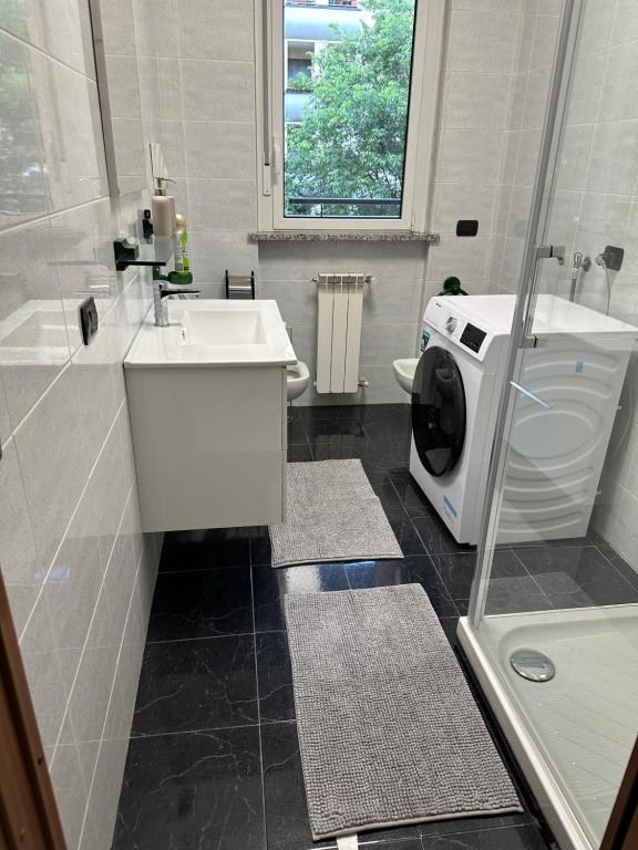 een badkamer met een wastafel en een wasmachine bij Cozy suite with terrace in Castellanza