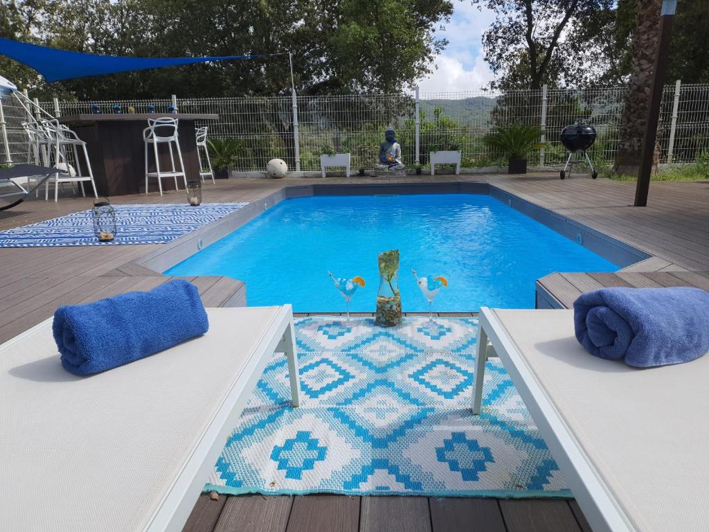 Canyamás的住宿－Spa Ibiza Dosrius，游泳池设有2个白色长椅和蓝白色图案地毯