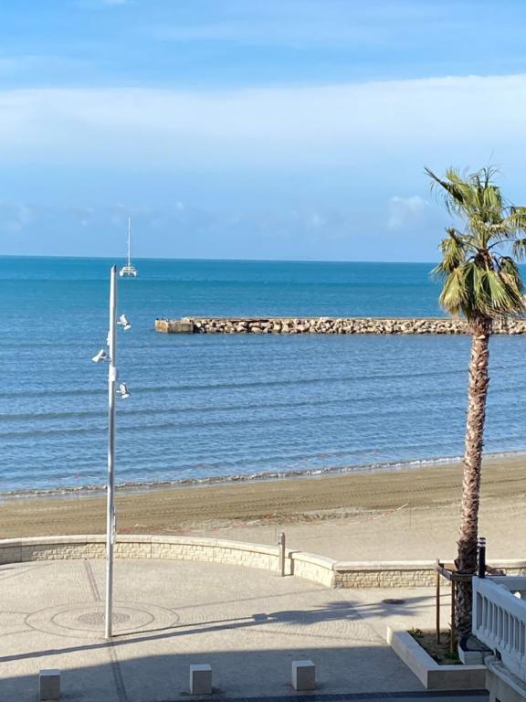 - une plage avec un palmier et une lumière de rue dans l'établissement AS23993 - P2 Centre ville - parking privé et wifi, au Grau-du-Roi