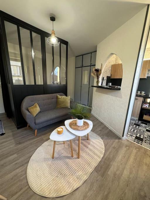 un salon avec un canapé et une table dans l'établissement Le Bouchon - Appartement Cosy - Wifi, à Talence