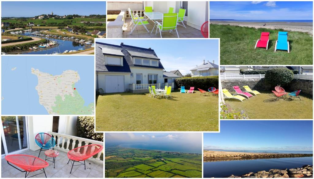 a collage of photos with colorful chairs and a house at Villa Quiné Plage in Quinéville
