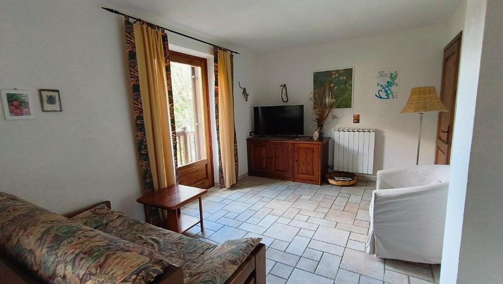 salon z kanapą i telewizorem w obiekcie Casa Dina - Cogne VDA n 0020 w mieście Cogne