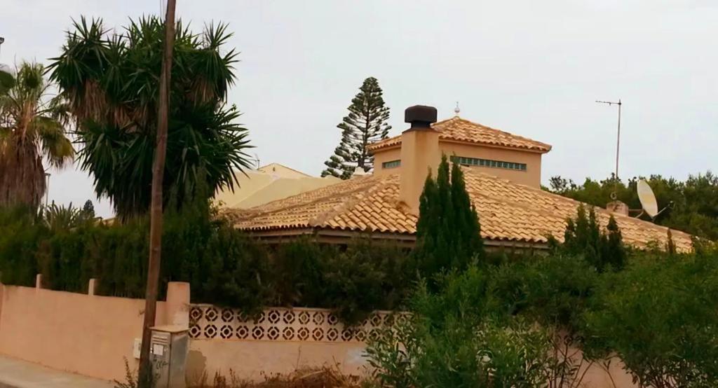 ein Haus mit einem gefliesten Dach und Palmen in der Unterkunft Chalet los sauces in Cabo de Palos