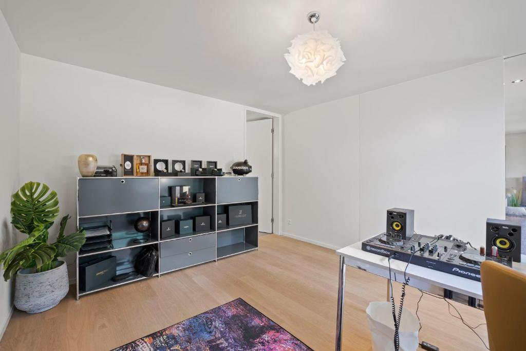 a living room with a silver entertainment center at Exclusive spacious Apt. with garden in Zurich in Zürich