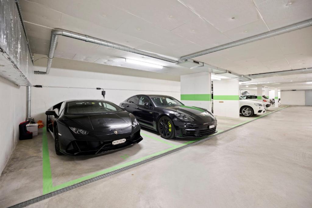 two black cars parked in a parking garage at Exclusive spacious Apt. with garden in Zurich in Zürich