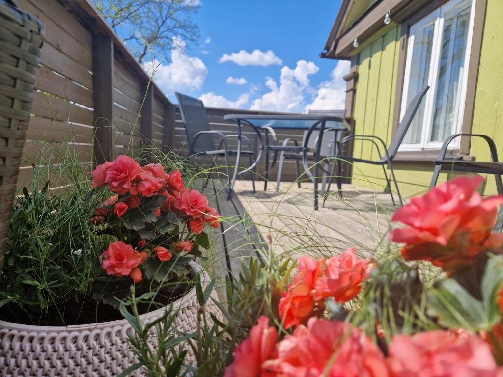 eine Terrasse mit roten Blumen, Tischen und Stühlen in der Unterkunft Lille Lux Apartment in Viljandi