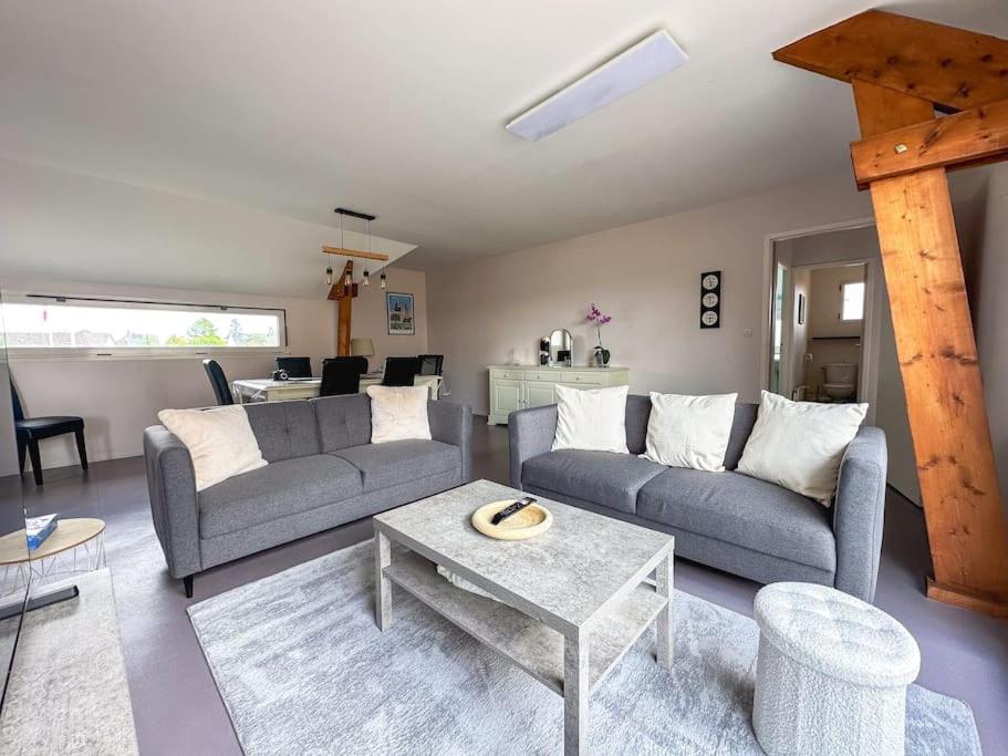 a living room with two couches and a table at Appartement terrasse in Saint-Jean-de-Daye