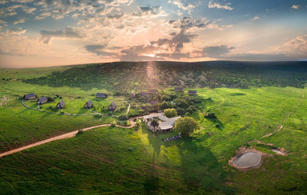an aerial view of a house in a field at Gorah Elephant Camp in Addo