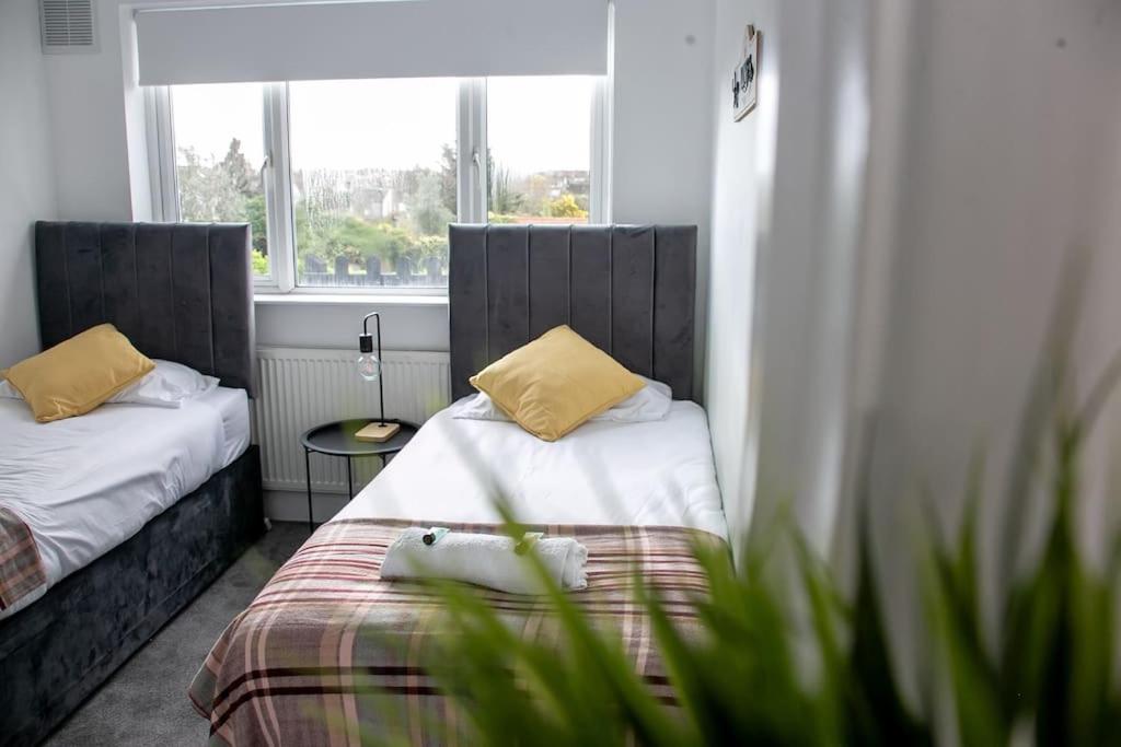 Cette petite chambre comprend 2 lits et une fenêtre. dans l'établissement Stylish Retreat in Leigh-on-Sea, à Southend-on-Sea