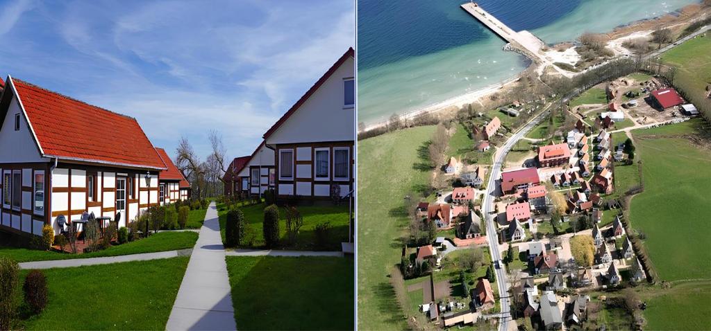 twee foto's van een huis met een weg langs de oceaan bij Alcor Hotel Feriendorf an der Ostsee in Wohlenberg