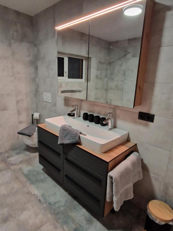 a bathroom with a sink and a mirror at Haus Rätikon in Brand