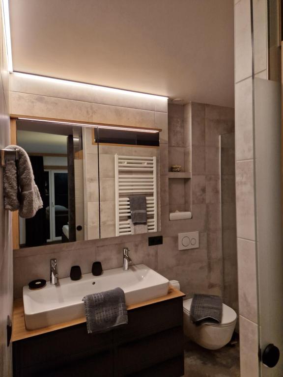 a bathroom with a sink and a mirror at Haus Rätikon in Brand