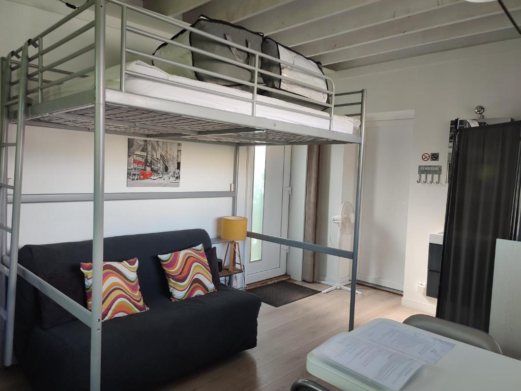 ein Wohnzimmer mit einem Etagenbett und einem Sofa in der Unterkunft Studio meublé 1 pièce entièrement équipé sans cloisons séparatives in Chavagnes-en-Paillers