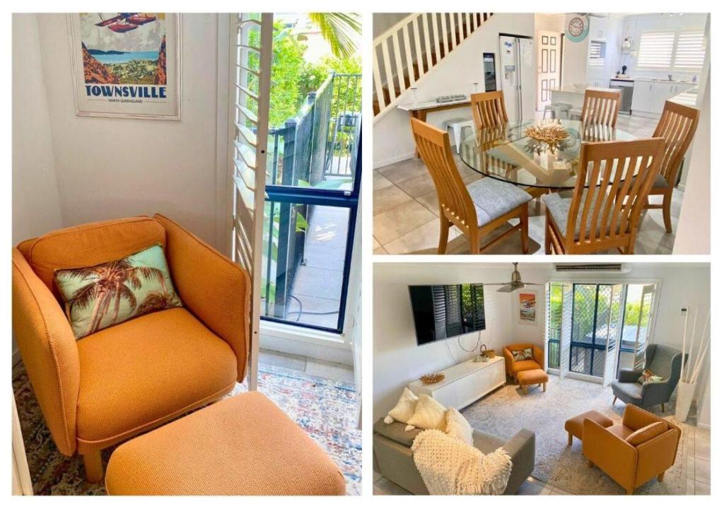 four pictures of a living room and dining room at Park View On Bayswater | 2 Storey Townhouse in Aitkenvale