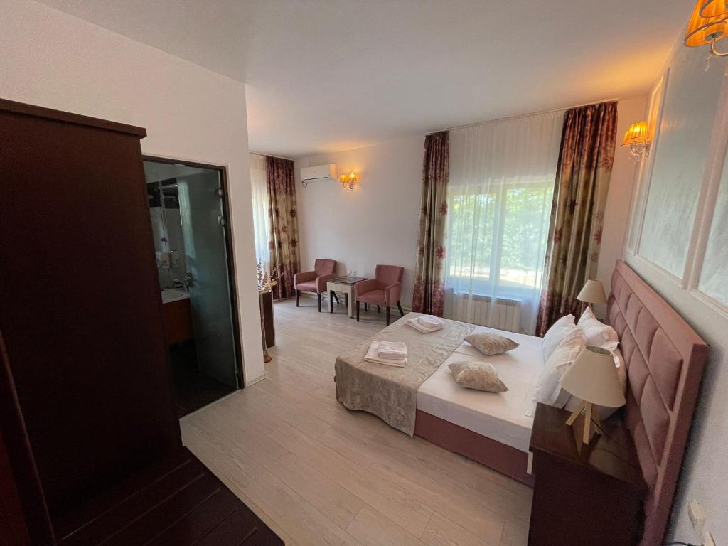 ein Hotelzimmer mit einem Bett und einem Bad in der Unterkunft Steaua Apelor Family Resort in Nufăru