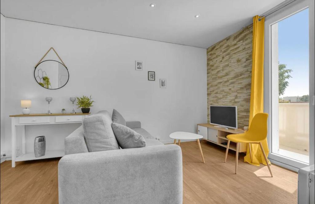 un salon avec un canapé gris et une télévision dans l'établissement Les demoiselles - wifi - parking, à Toulouse