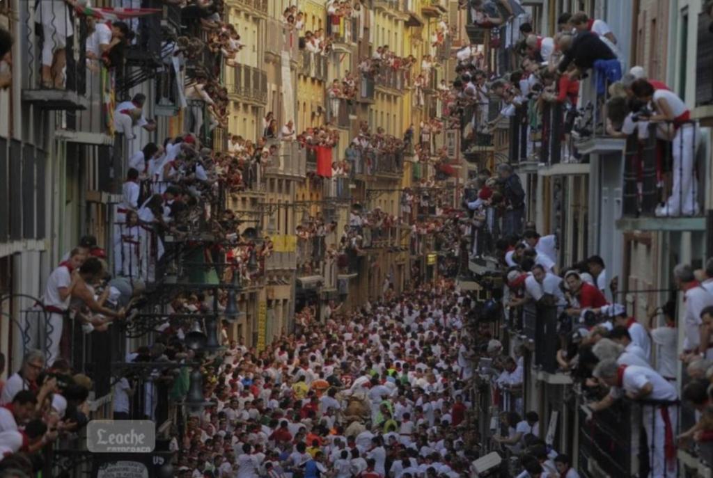a large crowd of people walking down a street at Pamplona Room in Pamplona