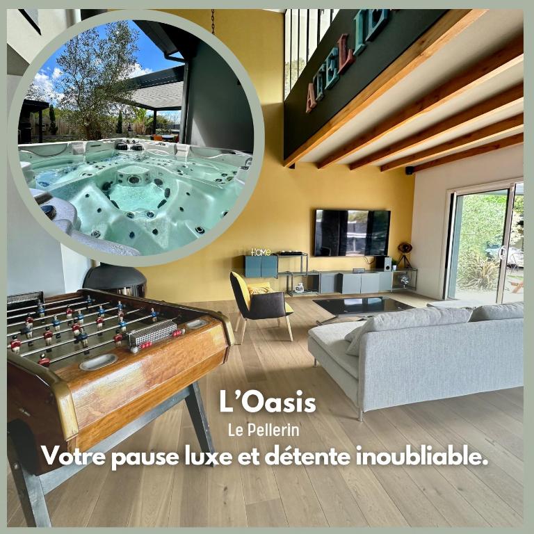 - un salon avec une table de ping-pong au milieu dans l'établissement L Oasis, à Le Pellerin