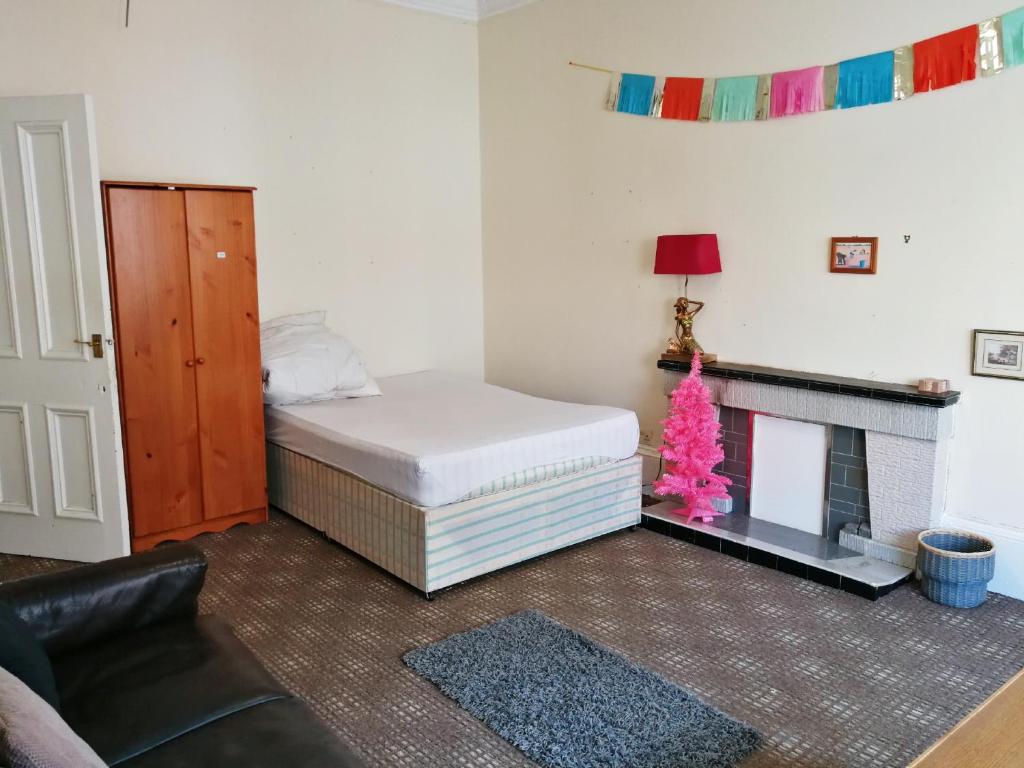 ein Wohnzimmer mit einem Bett und einem Kamin in der Unterkunft Guest House Free Parking Private Room Millroad in Glasgow