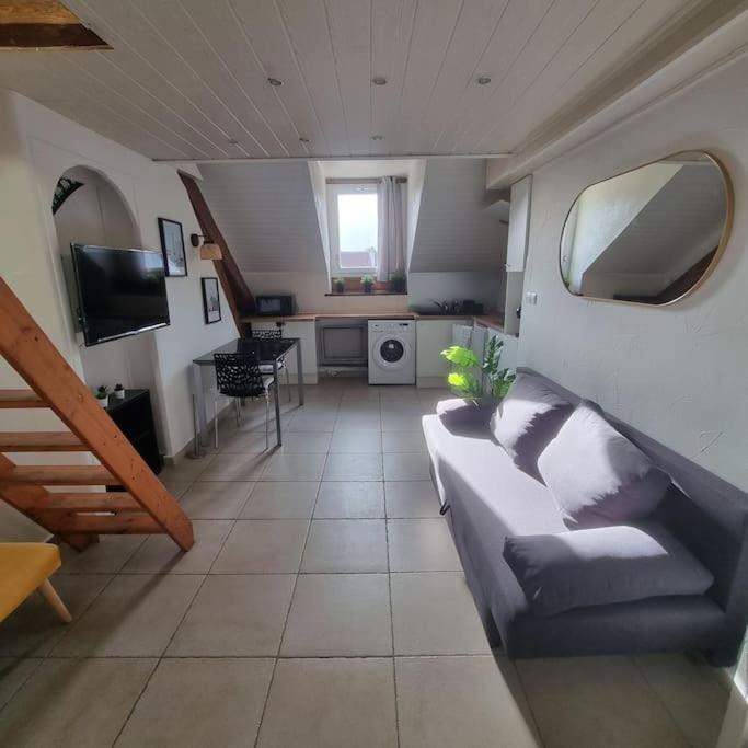 un salon avec un canapé et une cuisine dans l'établissement L'étoile du Vercors #Accés Hôpital de La Tronche#, à Grenoble