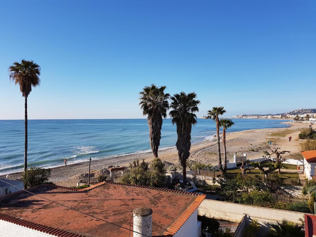 a view of a beach with palm trees and the ocean at La Terrasse du Leo, Benicarló in Benicarló