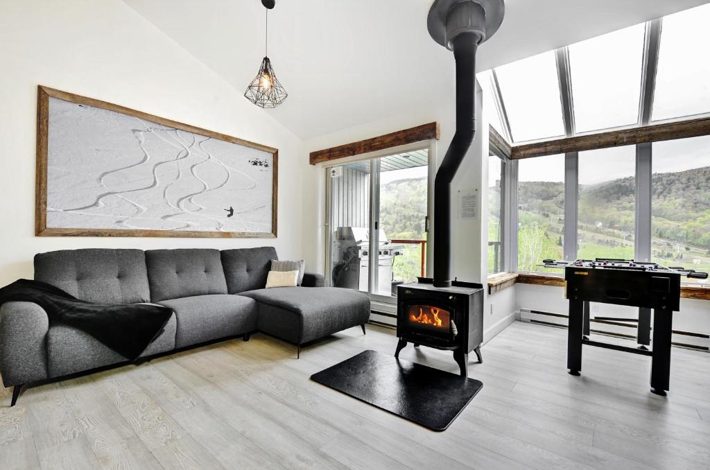 52 Chemin de la Perdrix في ستونهارم: غرفة معيشة مع أريكة وموقد