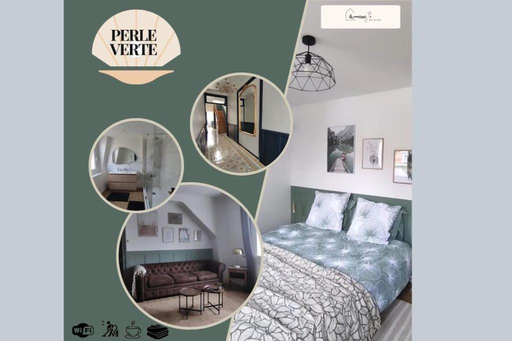 una habitación con una cama y un espejo en Perle Verte, en Malo-les-Bains