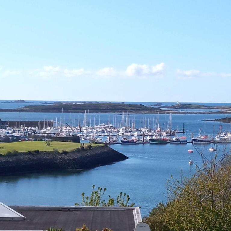 une vue d'un port avec des bateaux dans l'eau dans l'établissement Grande villa de 265m2 vue mer imprenable 11 à 12 personnes, à Landéda