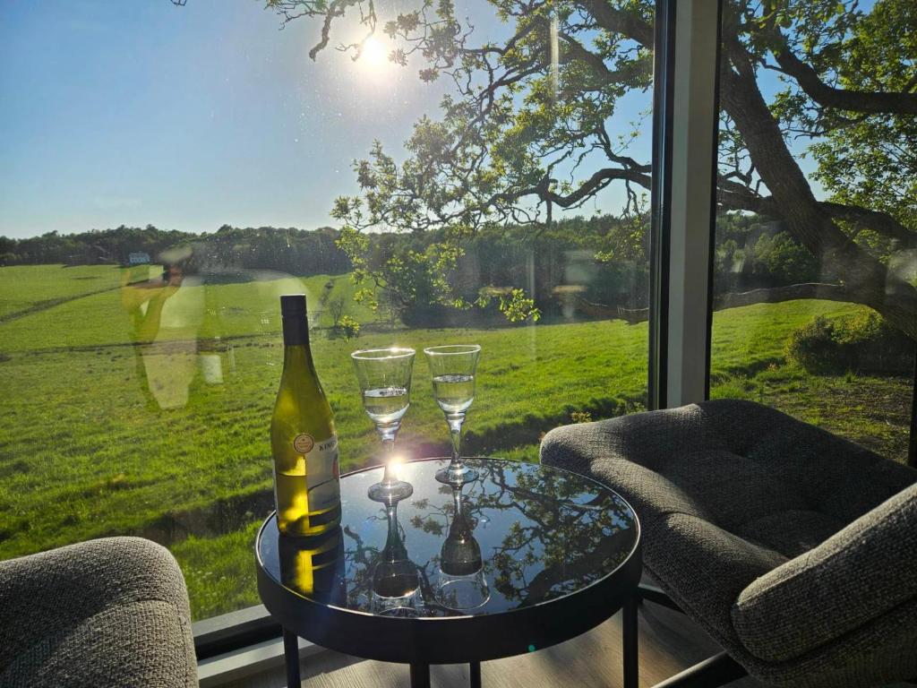 a bottle of wine and glasses on a table in front of a window at Forest Capsule in Uddevalla