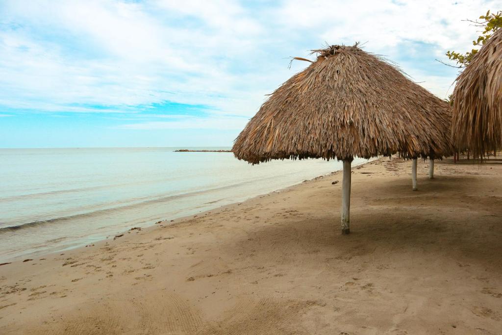 zwei Strohschirme am Strand mit dem Meer in der Unterkunft Apartamento Villa Carolina 102 in Coveñas