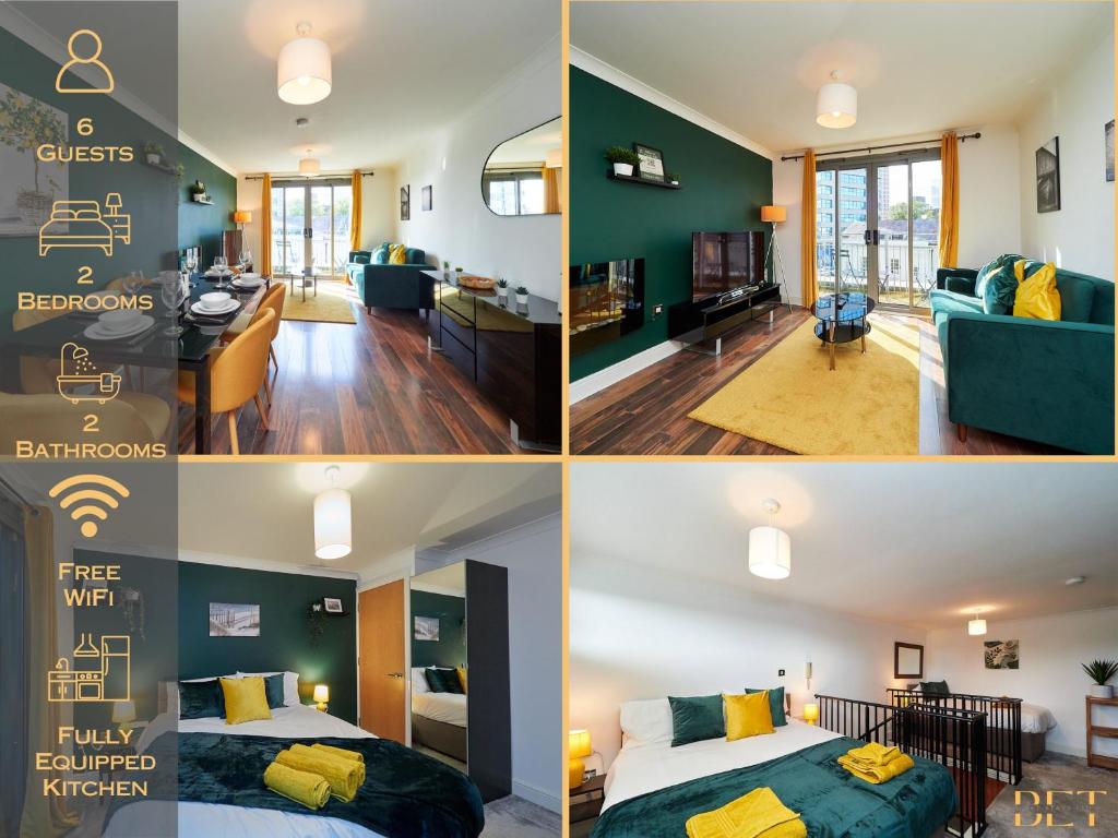 een collage van vier foto's van een kamer bij Emerald Suite - Two Story Duplex Apartment - Contractors - Family - Business - City Centre - Sleeps 6 in Birmingham