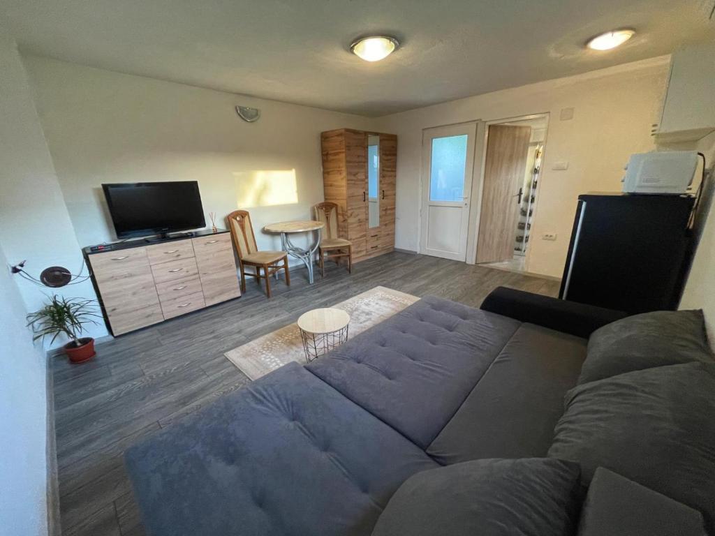 een woonkamer met een bank en een tafel bij Fly & Stay Apartments in Laktaši