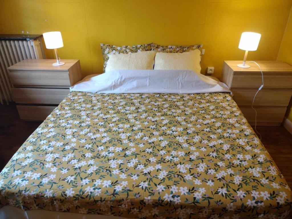 un letto in una camera da letto con due lampade su due tavoli di 1 ChambrePrivée 1 à 2 Voyageurs,Toilette et CuisinePartagée,1 PrivateRoom 1 at 2 Guests Shared Kitchen and Toilet a Vitry-sur-Seine