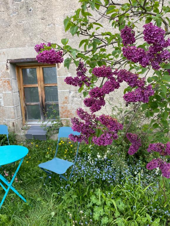 two chairs and purple flowers in front of a building at Chez Fabrice in Le Pertuis