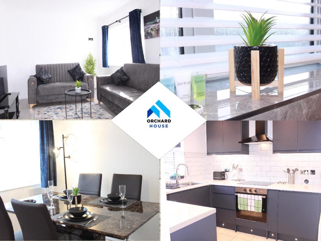 a collage of photos of a kitchen and a living room at Stunning 3 bedrooms flat at Orchard House in Harlow