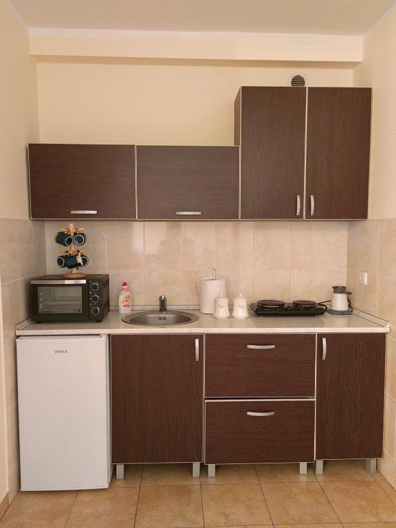 una cucina con armadi in legno, lavandino e forno a microonde di Apartman Secujski a Sombor