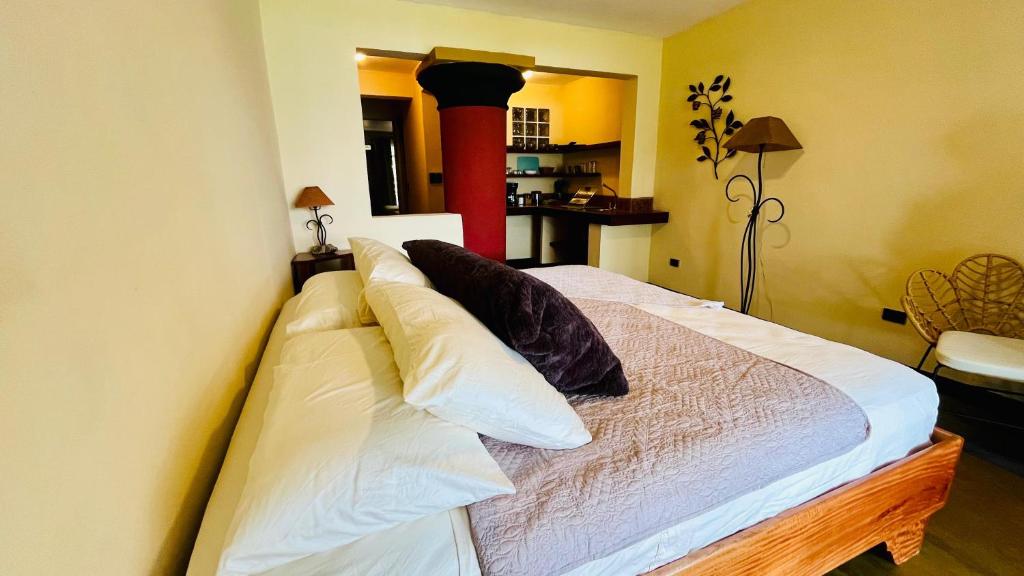 ein Schlafzimmer mit einem Bett mit Kissen darauf in der Unterkunft Lake Arenal Brewery & Hotel in Tilarán
