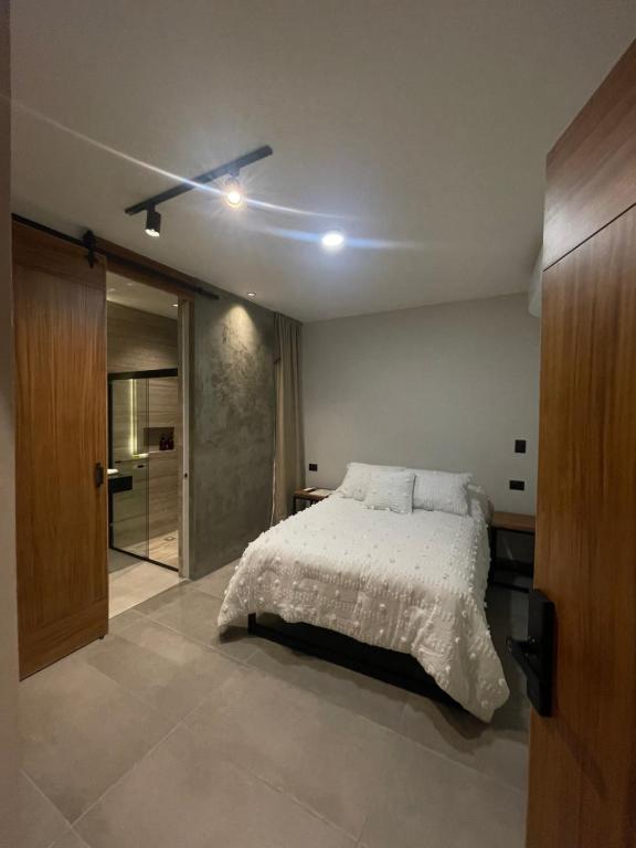 Schlafzimmer mit einem Bett und einem Deckenventilator in der Unterkunft Casa Valentina Habitación 4 in Aguascalientes