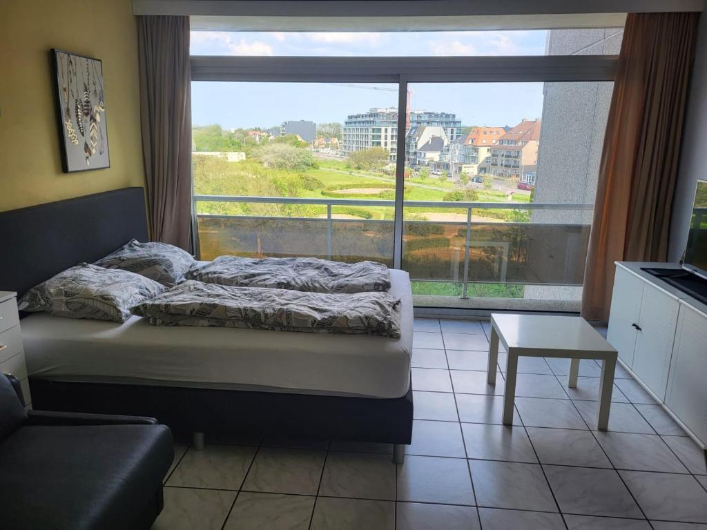 a bedroom with a bed and a large window at Studio Residentie Astrid in Bredene