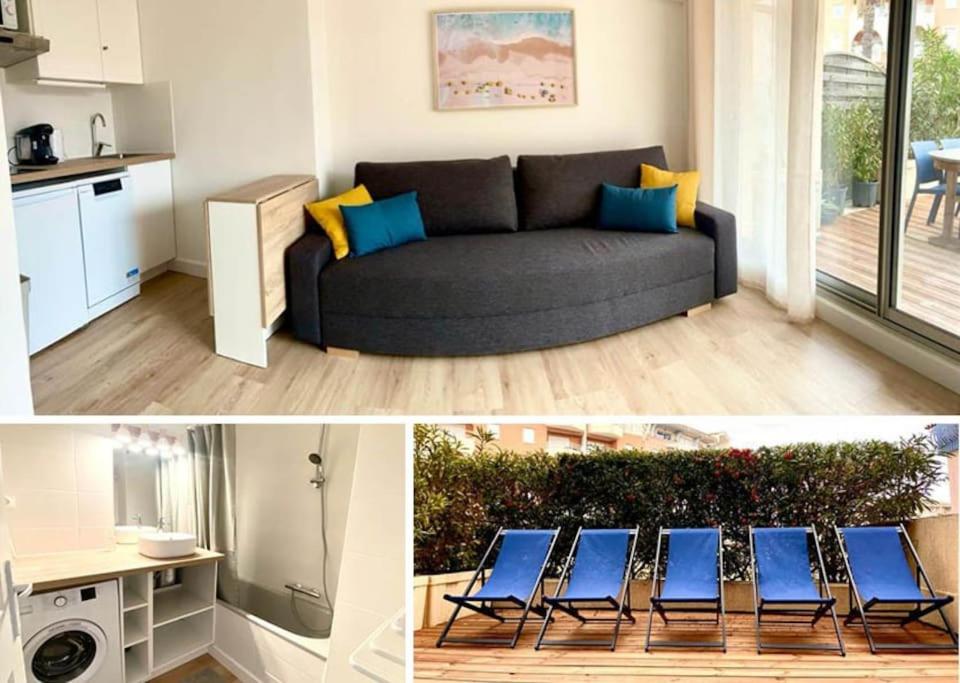 un salon avec un canapé et des chaises et une cuisine dans l'établissement Grande terrasse Cœur Port Fréjus 5 pers, à Fréjus