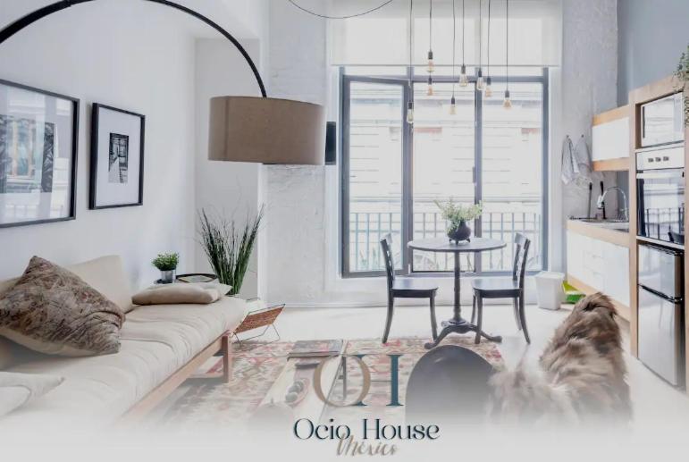 ein Wohnzimmer mit einem Sofa, einem Tisch und einem Hund in der Unterkunft Loft estilo Industrial junto al MUNAL in Mexiko-Stadt
