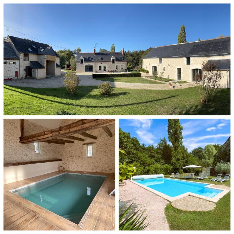 un collage de photos d'une maison et d'une piscine dans l'établissement Les Gîtes de La Pellerie - 20 personnes - piscines intérieure & extérieure et Jacuzzi - 3 gîtes, à Saint-Branchs
