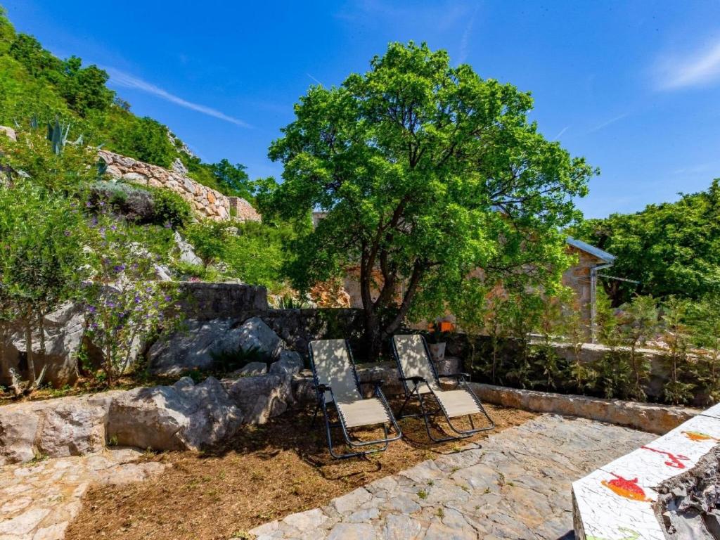 dwa krzesła i drzewo na podwórku w obiekcie Holiday Home in Starigrad near Paklenica w mieście Starigrad-Paklenica