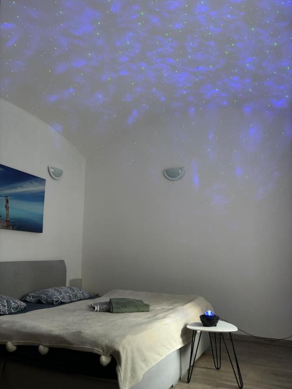 ein Schlafzimmer mit einem Sternenhimmel an der Decke in der Unterkunft Duomo apartment in Košice