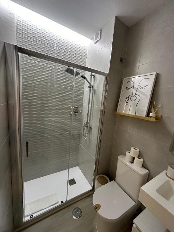 Un baño con inodoro y ducha de cristal. en Apartamento Andalucía 33 Izquierda, en Málaga