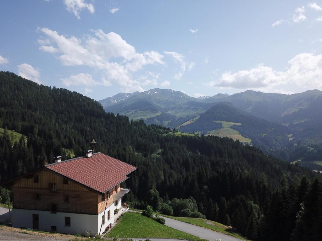 a building on a hill with a view of a mountain at Ferienwohnung in Panorama Alleinlage Kitzbüheler AlpenWILD63 by FeWo-Plan in Schwarzenau