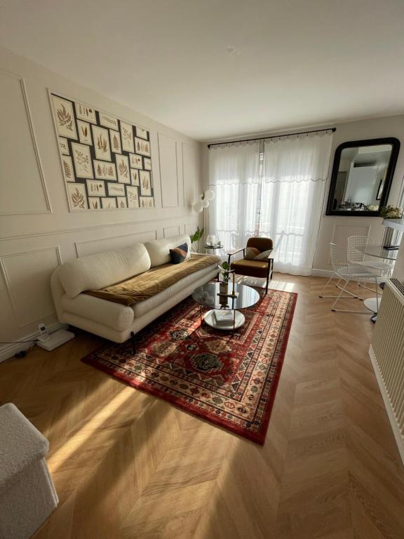 un salon avec un canapé et un tapis dans l'établissement Joli Appartement, à Puteaux