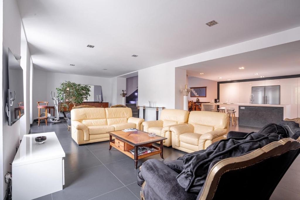 un salon avec des canapés et une table ainsi qu'une cuisine dans l'établissement L'EMPEREUR somptueux duplex au style raffiné, Petit Juas, proche du centre, à Cannes