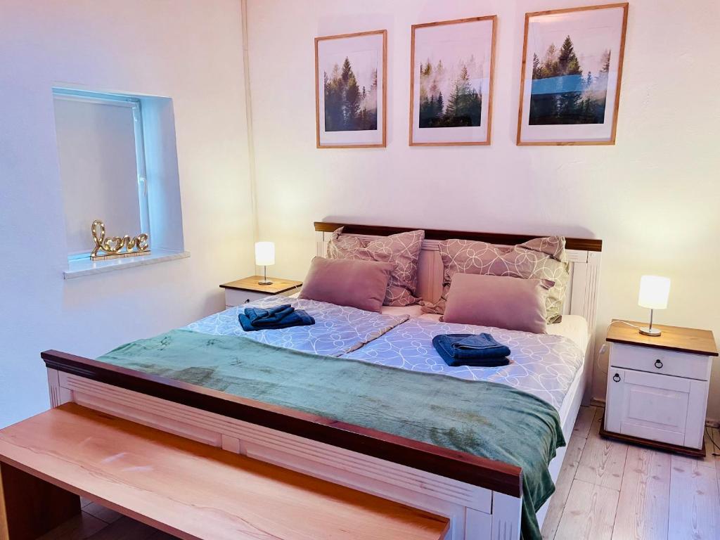 1 dormitorio con 1 cama con 2 lámparas en Sweet Mountain Home, en Bad Bleiberg