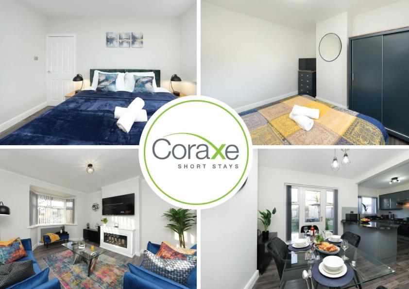 2 fotos de un dormitorio y una sala de estar en 3 Bedroom Tranquil Haven for Contractors and Families by Coraxe Short Stays, en Old Hill